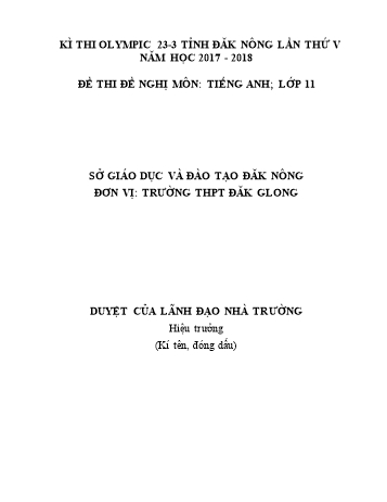 Đề thi đề nghị môn Tiếng Anh Lớp 11 Kỳ thi Olympic 23-3 Tỉnh ĐăkGlông lần thứ 5 - Năm học 2017-2018