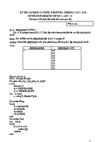 Đề thi đề nghị môn Tin học Lớp 10 Kỳ thi Olympic 23-3 Tỉnh ĐăkNông lần thứ 5 - Năm học 2017-2018 - Trường THPT Chu Văn An