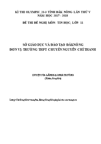 Đề thi đề nghị môn Tin học Lớp 11 Kỳ thi Olympic 23-3 Tỉnh ĐăkNông lần thứ 5 - Năm học 2017-2018 - Trường THPT Chuyên Nguyễn Chí Thanh