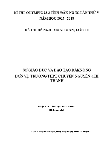 Đề thi đề nghị môn Toán Lớp 10 Kỳ thi Olympic 23-3 Tỉnh ĐăkNông lần thứ 5 - Năm học 2017-2018 - Trường THPT Chuyên Nguyễn Chí Thanh