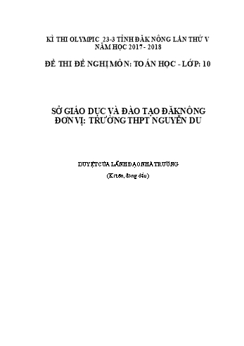 Đề thi đề nghị môn Toán Lớp 10 Kỳ thi Olympic 23-3 Tỉnh ĐăkNông lần thứ 5 - Năm học 2017-2018 - Trường THPT Nguyễn Du