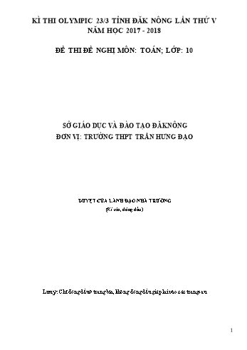 Đề thi đề nghị môn Toán Lớp 10 Kỳ thi Olympic 23-3 Tỉnh ĐăkNông lần thứ 5 - Năm học 2017-2018 - Trường THPT Trần Hưng Đạo