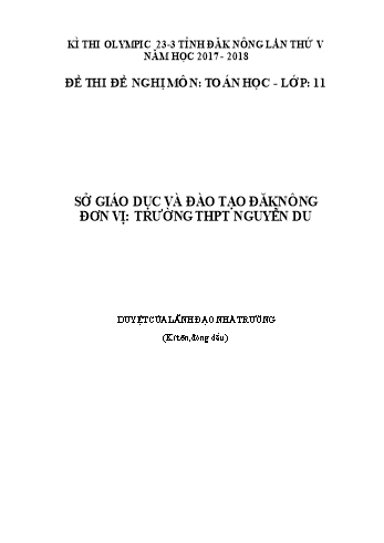 Đề thi đề nghị môn Toán Lớp 11 Kỳ thi Olympic 23-3 Tỉnh ĐăkNông lần thứ 5 - Năm học 2017-2018 - Trường THPT Nguyễn Du
