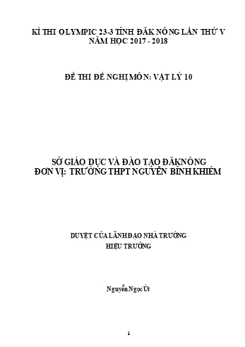 Đề thi đề nghị môn Vật lý Lớp 10 Kỳ thi Olympic 23-3 Tỉnh ĐăkNông lần thứ 5 - Năm học 2017-2018 - Trường THPT Nguyễn Bỉnh Khiêm