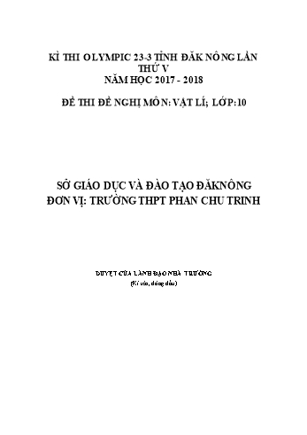 Đề thi đề nghị môn Vật lý Lớp 10 Kỳ thi Olympic 23-3 Tỉnh ĐăkNông lần thứ 5 - Năm học 2017-2018 - Trường THPT Phan Chu Trinh