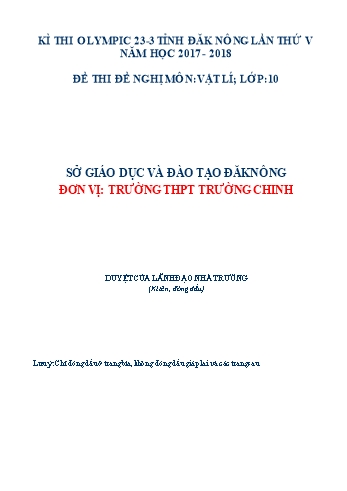 Đề thi đề nghị môn Vật lý Lớp 10 Kỳ thi Olympic 23-3 Tỉnh ĐăkNông lần thứ 5 - Năm học 2017-2018 - Trường THPT Trường Chinh