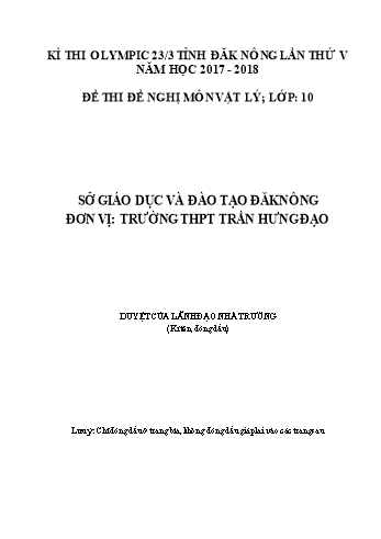 Đề thi đề nghị môn Vật lý Lớp 10 Kỳ thi Olympic 23-3 Tỉnh ĐăkNông lần thứ 5 - Năm học 2017-2018 - Trường THPT Trần Hưng Đạo