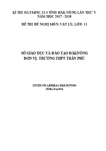 Đề thi đề nghị môn Vật lý Lớp 11 Kỳ thi Olympic 23-3 Tỉnh ĐăkNông lần thứ 5 - Năm học 2017-2018 - Trường THPT Trần Phú