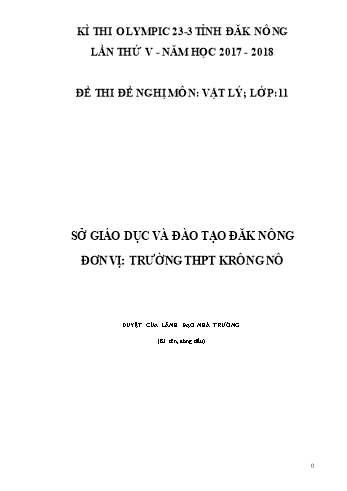 Đề thi đề nghị môn Vật lý Lớp 11 Kỳ thi Olympic 23-3 Tỉnh ĐăkNông lần thứ 5 - Năm học 2017-2018 - Trường THPT Krông Nô