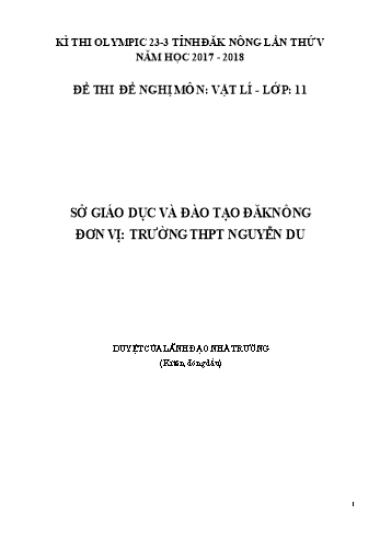 Đề thi đề nghị môn Vật lý Lớp 11 Kỳ thi Olympic 23-3 Tỉnh ĐăkNông lần thứ 5 - Năm học 2017-2018 - Trường THPT Nguyễn Du