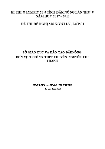 Đề thi đề nghị môn Vật lý Lớp 11 Kỳ thi Olympic 23-3 Tỉnh ĐăkNông lần thứ 5 - Năm học 2017-2018 - Trường THPT Chuyên Nguyễn Chí Thanh