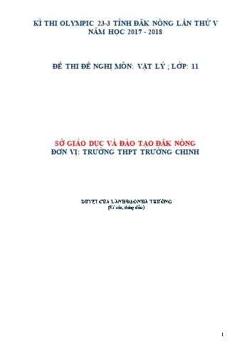 Đề thi đề nghị môn Vật lý Lớp 11 Kỳ thi Olympic 23-3 Tỉnh ĐăkNông lần thứ 5 - Năm học 2017-2018 - Trường THPT Trường Chinh