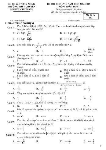 Đề thi học kì 1 môn Toán Lớp 10 nâng cao - Năm học 2016-2017 - Trường THPT Chuyên Nguyễn Chí Thanh - Mã đề thi 112