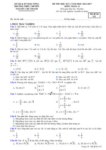 Đề thi học kì 1 môn Toán Lớp 11 nâng cao - Năm học 2016-2017 - Trường THPT Chuyên Nguyễn Chí Thanh - Mã đề thi 132