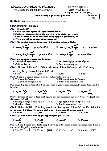Đề thi học kì 1 môn Vật lý lớp 10 - Trường PTDT NT - Đăkrlấp (Có đáp án) - Mã đề 485