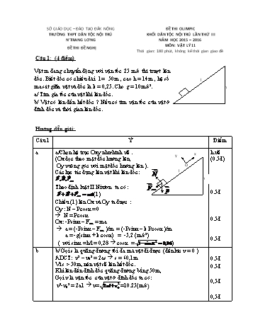 Đề thi Olimpic khối Dân tộc nội trú lần thứ 3 - Năm học 2015-2016 môn Vật lý lớp 11 - Trường PTDTNT N’Trang Lơng (Có đáp án)