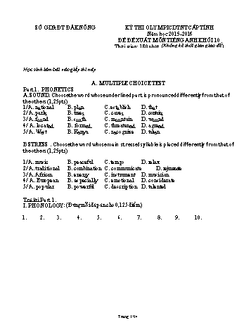 Đề thi Olympic DTNT cấp Tỉnh môn Tiếng anh 10 - Sở GD&ĐT Đăk Nông - Năm 2015-2016 (Có đáp án)