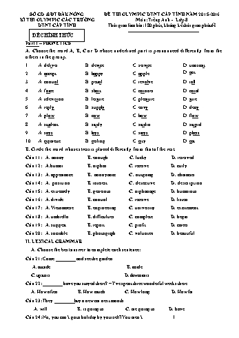 Đề thi Olympic DTNT cấp Tỉnh môn Tiếng anh 8, 10, 11 - Năm 2015-2016 - Đề chính thức (Có hướng dẫn chấm)
