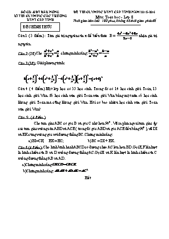 Đề thi Olympic DTNT cấp Tỉnh môn Toán học 8, 10, 11 - Năm 2015-2016 - Đề chính thức (Có hướng dẫn chấm)