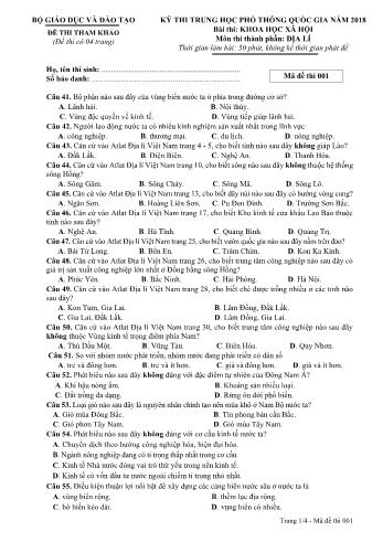 Đề thi tham khảo Kỳ thi THPT quốc gia năm 2018 môn Địa lý (Có đáp án) - Mã đề thi 001