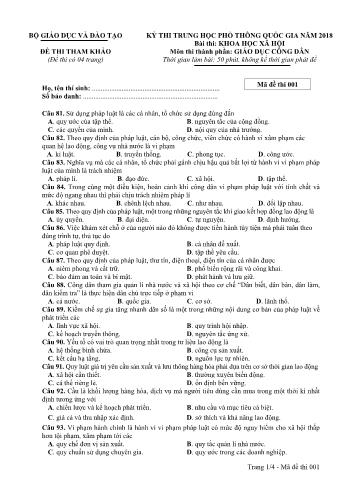 Đề thi tham khảo Kỳ thi THPT quốc gia năm 2018 môn Giáo dục công dân (Có đáp án) - Mã đề thi 001