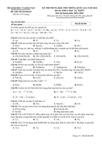 Đề thi tham khảo Kỳ thi THPT quốc gia năm 2018 môn Hóa học (Có đáp án) - Mã đề thi 001