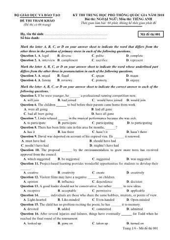 Đề thi tham khảo Kỳ thi THPT quốc gia năm 2018 môn Tiếng Anh (Có đáp án) - Mã đề thi 001