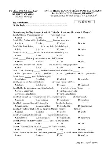 Đề thi tham khảo Kỳ thi THPT quốc gia năm 2018 môn Tiếng Đức - Mã đề thi 001