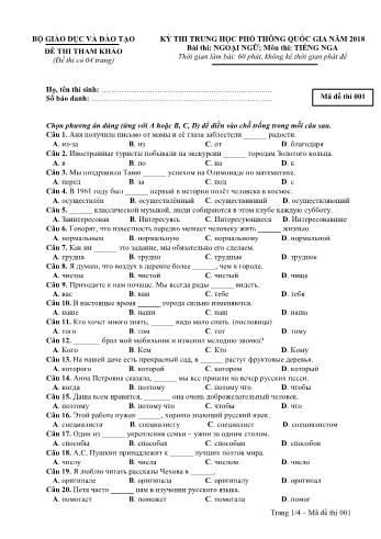 Đề thi tham khảo Kỳ thi THPT quốc gia năm 2018 môn Tiếng Nga (Có đáp án) - Mã đề thi 001