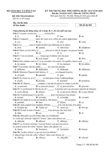 Đề thi tham khảo Kỳ thi THPT quốc gia năm 2018 môn Tiếng Pháp - Mã đề thi 001