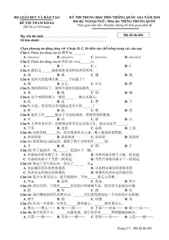 Đề thi tham khảo Kỳ thi THPT quốc gia năm 2018 môn Tiếng Trung - Mã đề thi 001