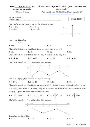 Đề thi tham khảo Kỳ thi THPT quốc gia năm 2018 môn Toán - Mã đề thi 001 (Có đáp án)