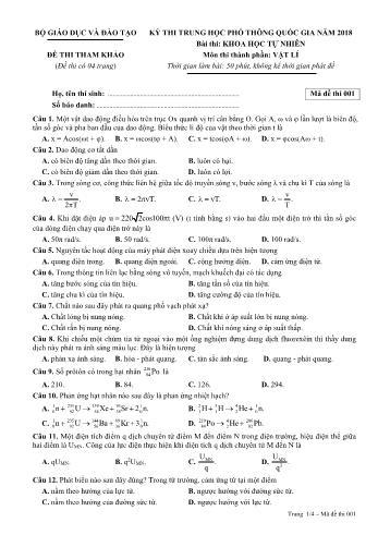 Đề thi tham khảo Kỳ thi THPT quốc gia năm 2018 môn Vật lý (Có đáp án) - Mã đề thi 001