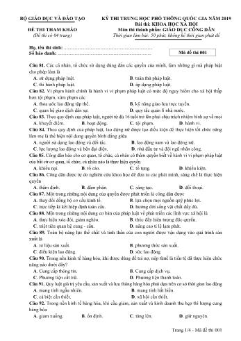 Đề thi tham khảo môn Giáo dục công dân Kỳ thi THPT Quốc gia - Năm học 2018-2019 (Có đáp án) - Mã đề 001