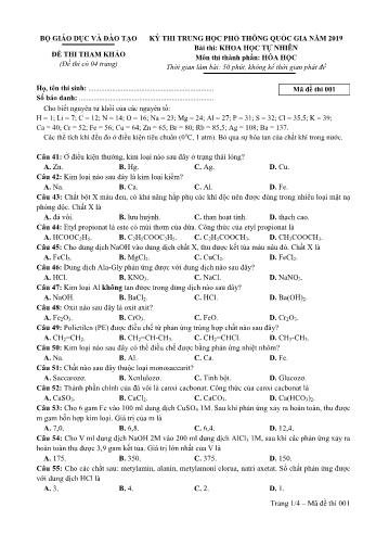 Đề thi tham khảo môn Hóa học Kỳ thi THPT Quốc gia - Năm học 2018-2019 (Có đáp án) - Mã đề 001