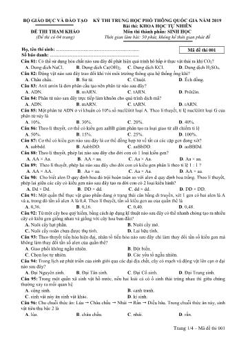 Đề thi tham khảo môn Sinh học Kỳ thi THPT Quốc gia - Năm học 2018-2019 (Có đáp án) - Mã đề 001