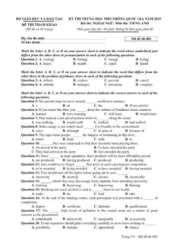 Đề thi tham khảo môn Tiếng Anh Kỳ thi THPT Quốc gia - Năm học 2018-2019 (Có đáp án) - Mã đề 001