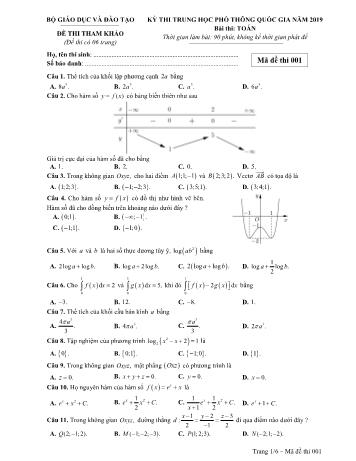 Đề thi tham khảo môn Toán Kỳ thi THPT Quốc gia - Năm học 2018-2019 (Có đáp án) - Mã đề 001