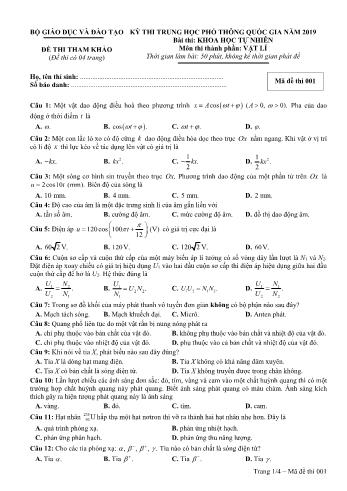 Đề thi tham khảo môn Vật lý Kỳ thi THPT Quốc gia - Năm học 2018-2019 (Có đáp án) - Mã đề 001