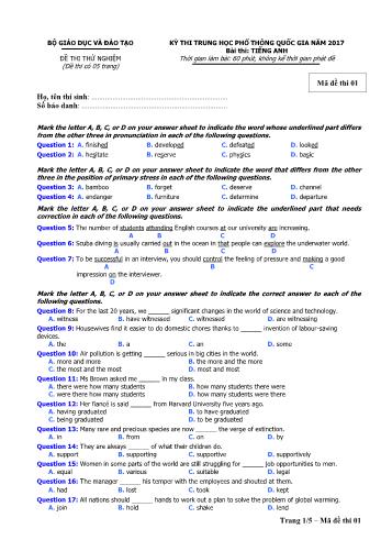 Đề thi thử nghiệm Kỳ thi Trung học phổ thông quốc gia 2017 môn Tiếng anh - Mã đề thi 01