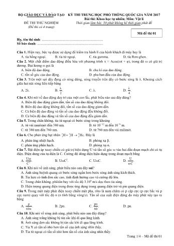 Đề thi thử nghiệm Kỳ thi Trung học phổ thông quốc gia 2017 môn Vật lý - Mã đề thi 01