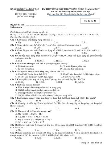 Đề thi thử nghiệm Kỳ thi Trung học phổ thông quốc gia 2017 môn Hóa học - Mã đề thi 01