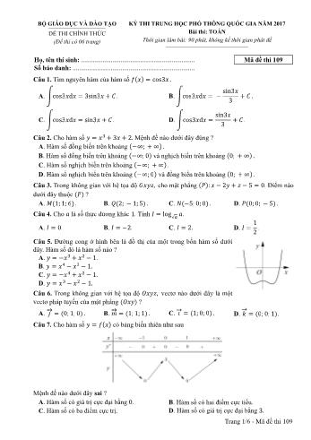 Kỳ thi Trung học phổ thông Quốc gia môn Toán - Năm học 2016-2017 - Mã đề 109