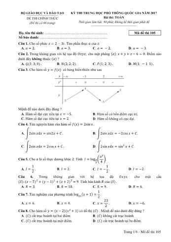 Kỳ thi Trung học phổ thông Quốc gia môn Toán - Năm học 2016-2017 - Mã đề 105