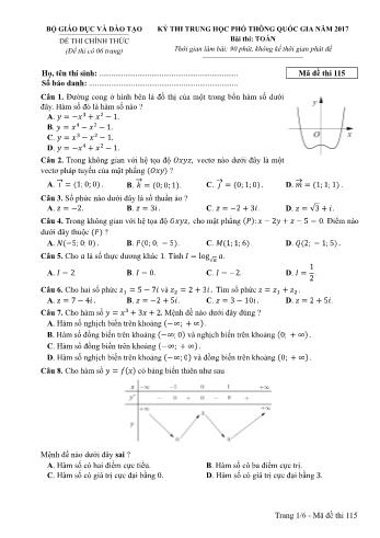 Kỳ thi Trung học phổ thông Quốc gia môn Toán - Năm học 2016-2017 - Mã đề 115