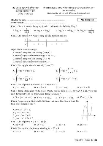 Kỳ thi Trung học phổ thông Quốc gia môn Toán - Năm học 2016-2017 - Mã đề 122