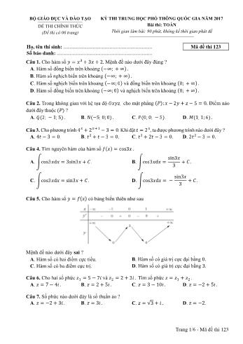 Kỳ thi Trung học phổ thông Quốc gia môn Toán - Năm học 2016-2017 - Mã đề 123