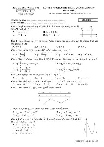 Kỳ thi Trung học phổ thông Quốc gia môn Toán - Năm học 2016-2017 - Mã đề 118