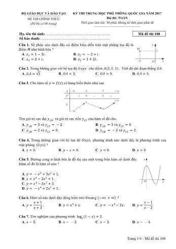 Kỳ thi Trung học phổ thông Quốc gia môn Toán - Năm học 2016-2017 - Mã đề 108