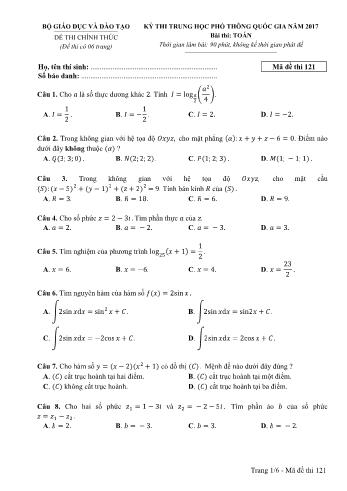 Kỳ thi Trung học phổ thông Quốc gia môn Toán - Năm học 2016-2017 - Mã đề 121